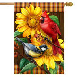 Briarwood Lane Fall Birds And Sunflowers House Flag with red cardinal and blue bird on sunflowers.