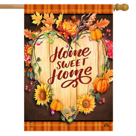 Briarwood Lane Fall Home Sweet Home house flag with flowers, pumpkins, and sunflowers on wooden heart.