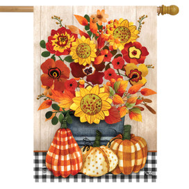 Briarwood Lane Autumn Bouquet House Flag with vibrant orange, yellow, and red flowers and pumpkins.