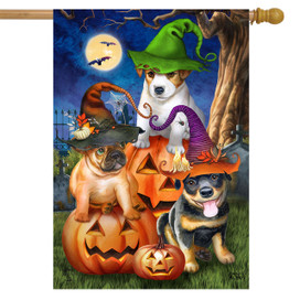 Briarwood Lane Spooky Pups House Flag with dogs and jack-o-lanterns on Halloween night scene.