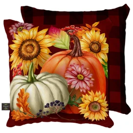 Briarwood Lane Fall Beauty Pillow with pumpkins, sunflowers, and flowers on red plaid background.