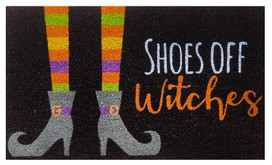 Briarwood Lane Shoes Off Witches Coir Doormat with colorful striped legs and witch boots design.