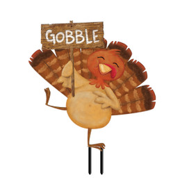 Briarwood Lane Gobble Turkey Metal Yard Art, colorful metal turkey with sign on white background.