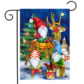 Briarwood Lane Happy Holiday Gnomes Garden Flag with gnomes, reindeer, and Christmas tree design.