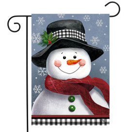 Briarwood Lane Smiling Snowman Garden Flag with black hat, red scarf, and green buttons.