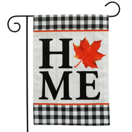 Briarwood Lane Fall Home Burlap Garden Flag with black, white, and orange plaid and maple leaf.