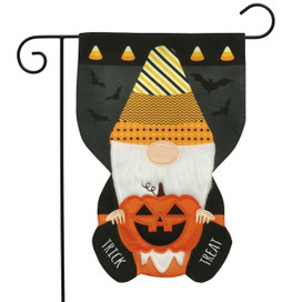 Briarwood Lane Halloween Gnome Burlap Garden Flag with orange, black, and yellow design and pumpkin.