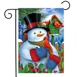 Briarwood Lane Snowman and Cardinals Garden Flag with snowman, cardinals, and winter scenery.