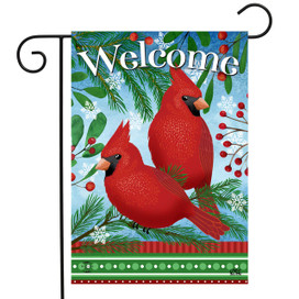 Briarwood Lane Welcome Cardinals Garden Flag with red birds and green winter foliage design.