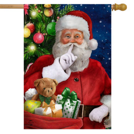 Briarwood Lane Santa's Delivery House Flag with Santa, presents, and teddy bear near Christmas tree.
