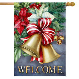 Briarwood Lane Christmas Bells House Flag with gold bells, red bow, and poinsettias on blue background.