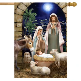 Briarwood Lane Away in a Manger house flag with nativity scene and animals outside stone arch.