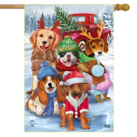 Briarwood Lane Festive Pups House Flag with dogs in winter clothing and a red truck.