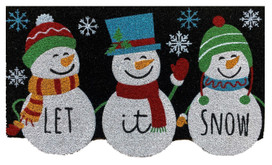 Briarwood Lane Snowman Trio Coir Doormat with snowmen and "LET it SNOW" text on black background.