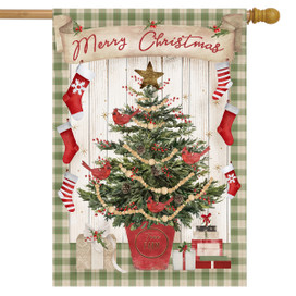 Briarwood Lane Potted Christmas Tree House Flag with green plaid border and red festive decorations.