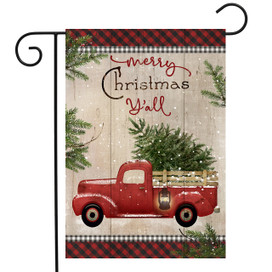 Briarwood Lane Merry Christmas Y'all red truck double sided garden flag with festive holiday design.