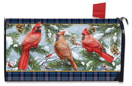 Briarwood Lane Wintertime Cardinals Mailbox Cover with snow-covered pine and cardinals on plaid background.
