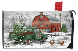 Briarwood Lane Christmas on the Farm Oversized Mailbox Cover with green truck and red barn design.