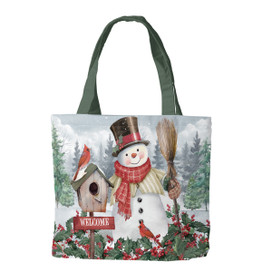 Briarwood Lane Jolly Snowman Welcome Tote with festive winter snowman design and green handles shown.