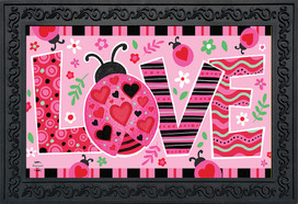 Briarwood Lane Ladybug Love Doormat with pink, red, and black heart ladybug design and border.
