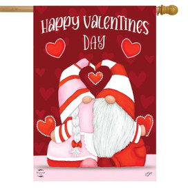 Briarwood Lane Happy Valentine's Day Gnomes House Flag with red and white gnomes and hearts.