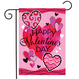 Briarwood Lane pink Patterned Valentine's Hearts Double Sided Garden Flag with black text and hearts.
