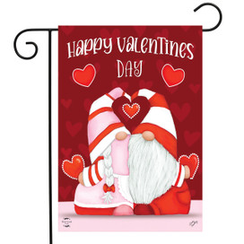 Briarwood Lane Happy Valentine's Day Gnomes Garden Flag with red and white gnomes and hearts.