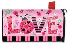 Briarwood Lane Ladybug Love pink mailbox cover with ladybugs hearts and flowers design.
