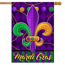 Briarwood Lane Mardi Gras Fleur-De-Lis double sided house flag purple green gold.