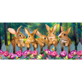 Briarwood Lane Garden Bunnies Mini Mat with pink flowers and bunnies on a wooden fence.