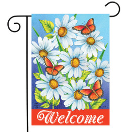 Briarwood Lane Sunshine Daisies garden flag with white flowers, orange butterflies, and welcome sign.