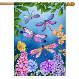 Briarwood Lane Dragonflies House Flag with colorful dragonflies and flowers on blue background.