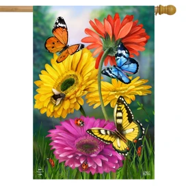 Briarwood Lane Butterflies and Daisies House Flag with colorful flowers and butterflies on green grass.