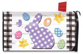 Briarwood Lane Checkered Spring Bunny Mailbox Cover with colorful eggs and flowers on white background.