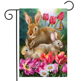 Briarwood Lane Bunny Family Garden Flag with colorful flowers and butterflies, featuring three brown bunnies.