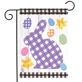 Briarwood Lane purple checkered spring bunny garden flag with colorful eggs and yellow leaves design.