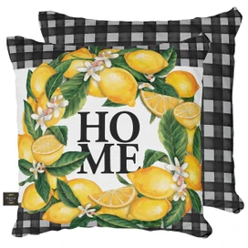 Briarwood Lane Lemon Wreath Summer Pillow with black and white gingham backing and yellow lemons design.
