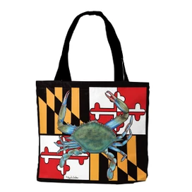 Briarwood Lane Maryland Crab Tote Bag with blue crab on Maryland flag design black handles.