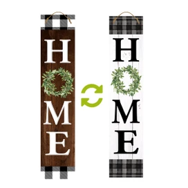 Briarwood Lane Farmhouse Home Reversible Porch Leaner with black and white plaid accents and wreath.