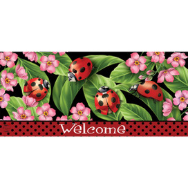Briarwood Lane Ladybugs on Leaves Mini Mat with pink flowers and welcome message on red background.