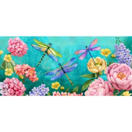 Briarwood Lane Dragonfly Garden Mini Mat with colorful flowers and dragonflies on turquoise background.