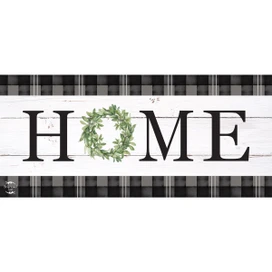 Briarwood Lane Home Mini Mat with green wreath and black plaid border, white wooden sign.