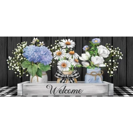 Briarwood Lane Crated Mason Jars Mini Mat with floral design on Welcome wooden tray decoration.