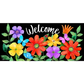 Briarwood Lane Whimsy Flowers Mini Mat with colorful floral design and Welcome text on black background.