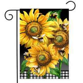 Briarwood Lane Buzzing Sunflowers Garden Flag with yellow flowers and black and white checkered trim.
