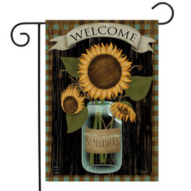 Briarwood Lane Sunflower Jar Garden Flag with welcome banner and yellow sunflowers in a glass jar.