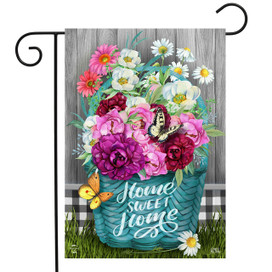 Briarwood Lane Floral Basket Garden Flag with colorful flowers and butterflies on a teal basket.