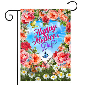 Briarwood Lane Mother's Day Floral Heart Garden Flag with pink roses and colorful butterflies design.