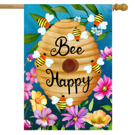 Briarwood Lane Happy Beehive Double-Sided House Flag with colorful flowers and bees on blue background.