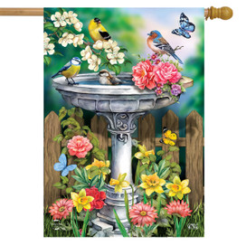 Briarwood Lane Birdbath in Bloom house flag with colorful birds, flowers, and butterflies design.